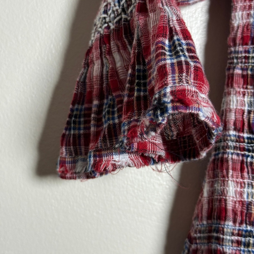 Pilcro Plaid Smocked Mini Dress Red Navy White Cotton Bubble Hem Womens XL - Picture 9 of 10